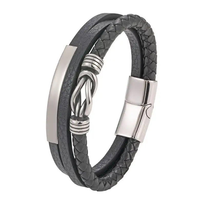Leather Braided Geometric Magnetic Clasp Bracelet
