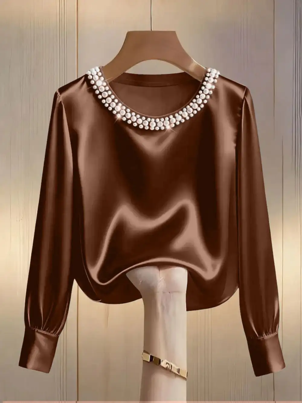 Pearl Trim Round Neck Silk Blouse