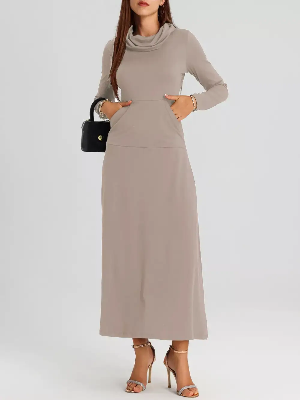 Cowl Neck Long Sleeve Midi Dress