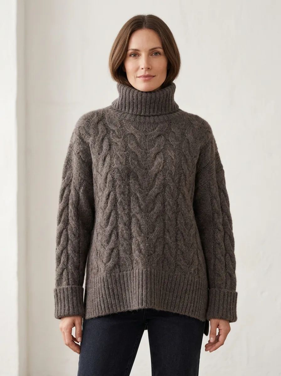 Women's Winter Casual Brown Cable Knit Patterned Turtleneck Sweater