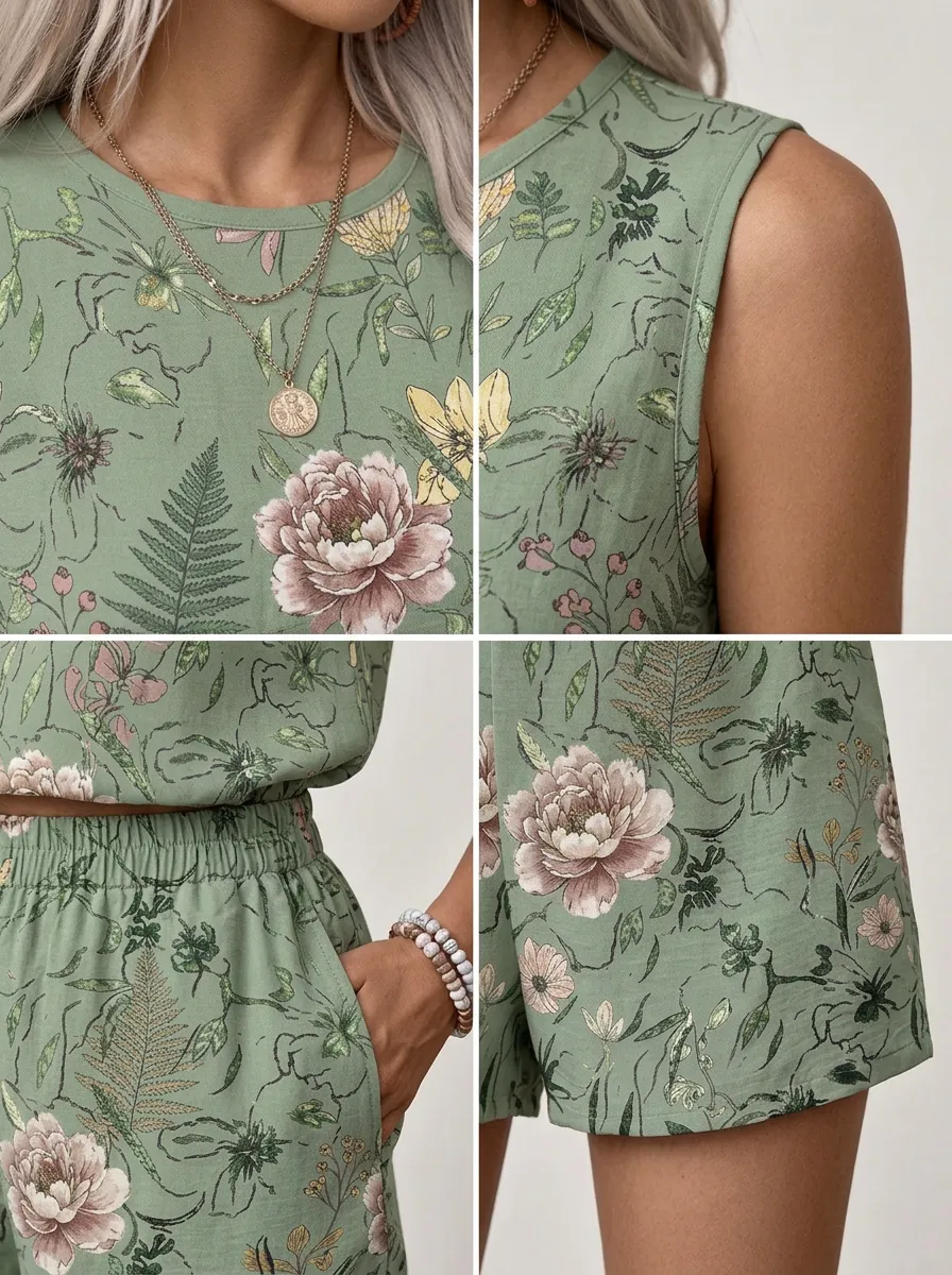 Women's Botanical Floral Sage Green Printed Sleeveless Shorts Set