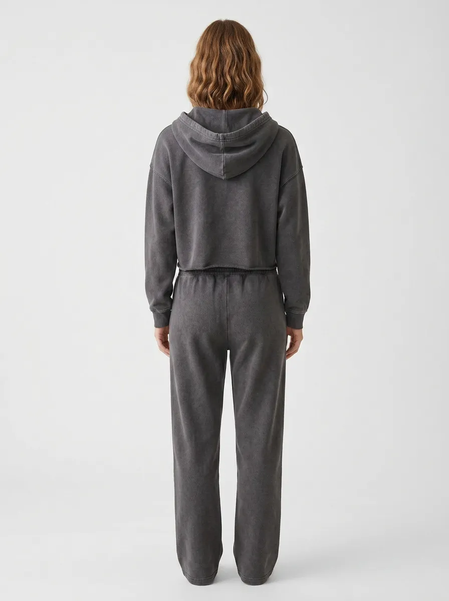 Cropped Vintage-Wash Sporty Women's Cropped Zip-Up Hoodie Jogger Active Set