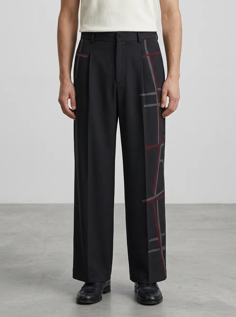 Men's Geometric Plaid Pattern Printed Wide Leg Trousers Modern Pattern