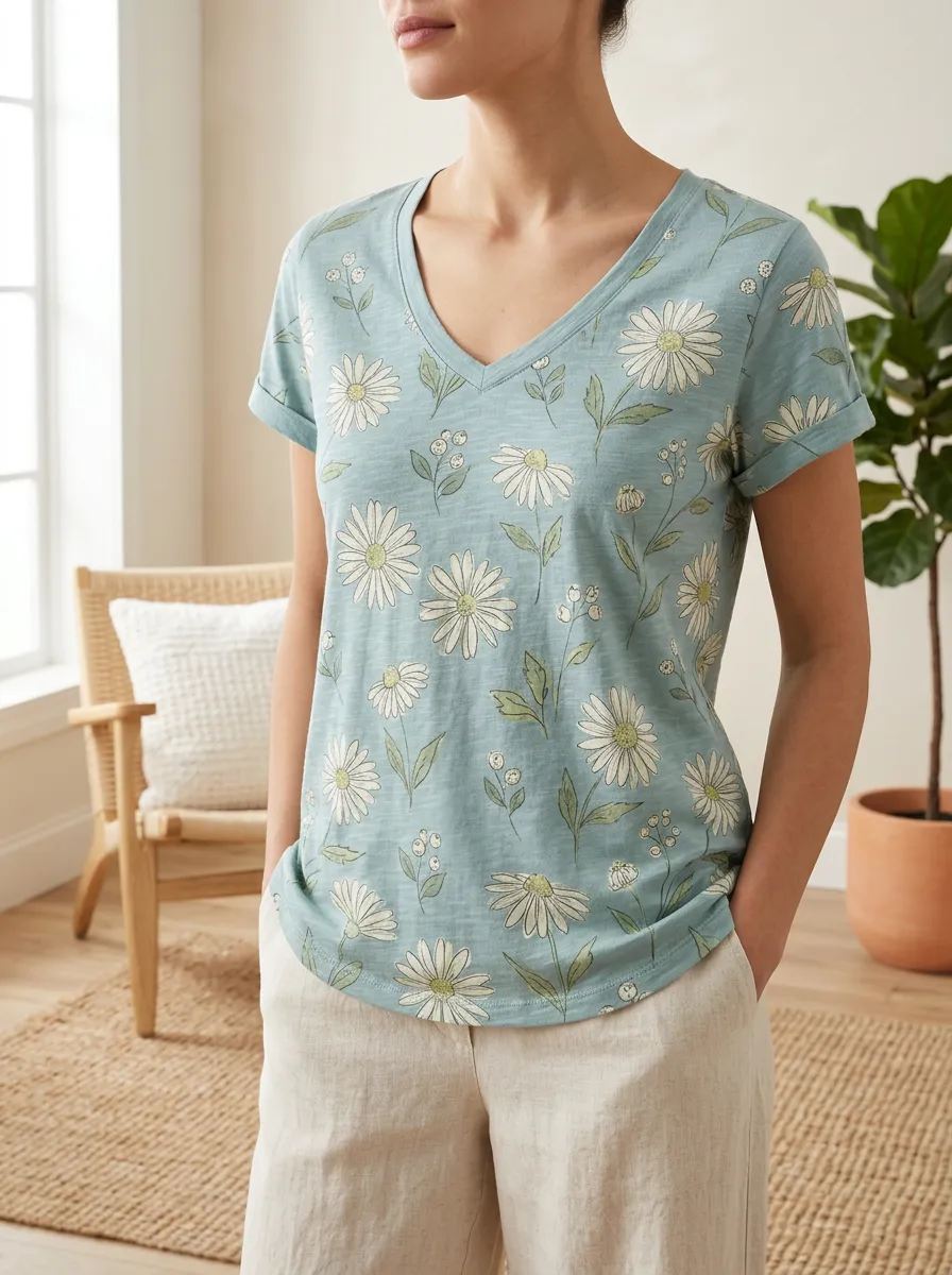 Women's Floral Lover Daisy Botanical Printed V-neck T-shirt