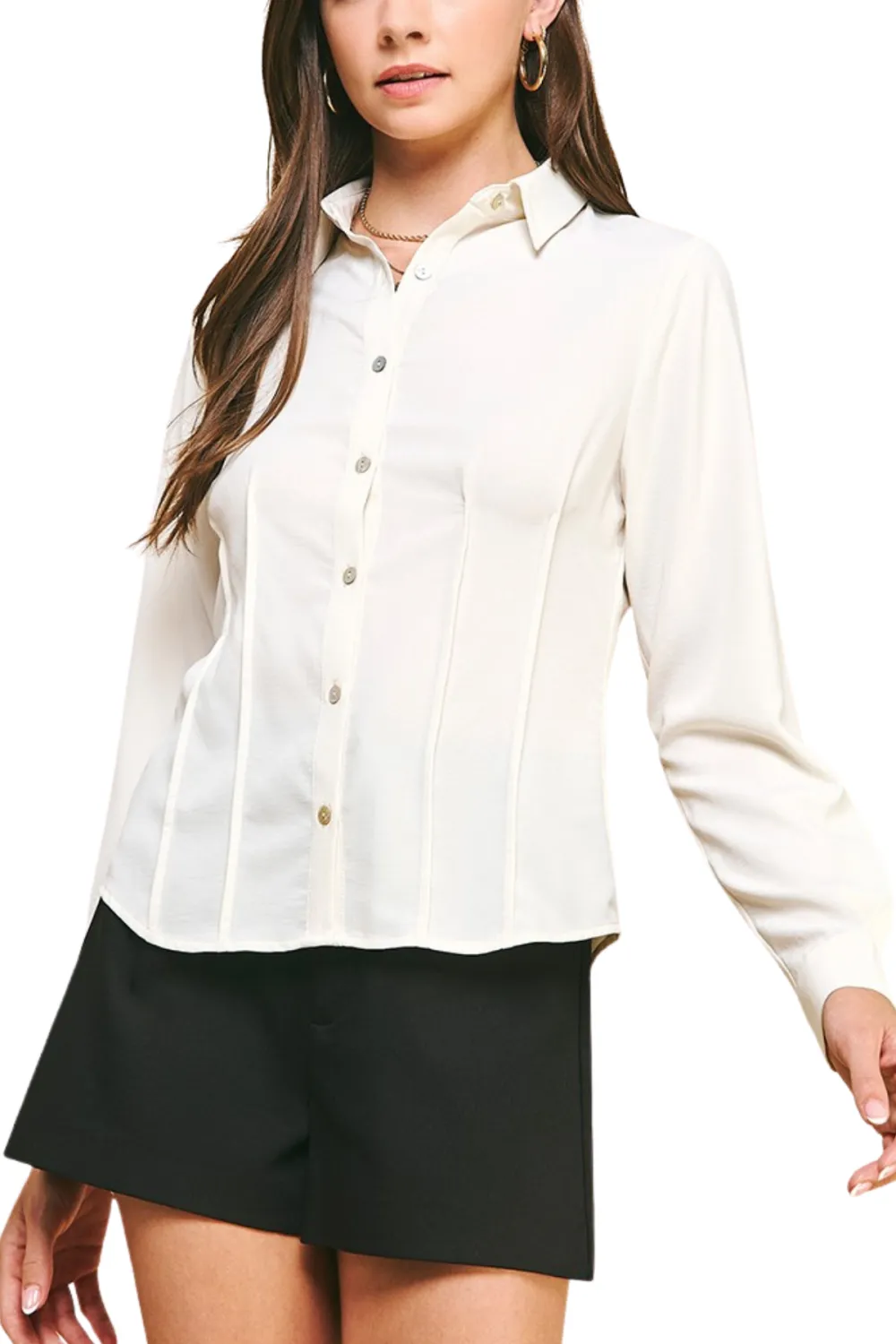 Button Collar Pintuck Blouse