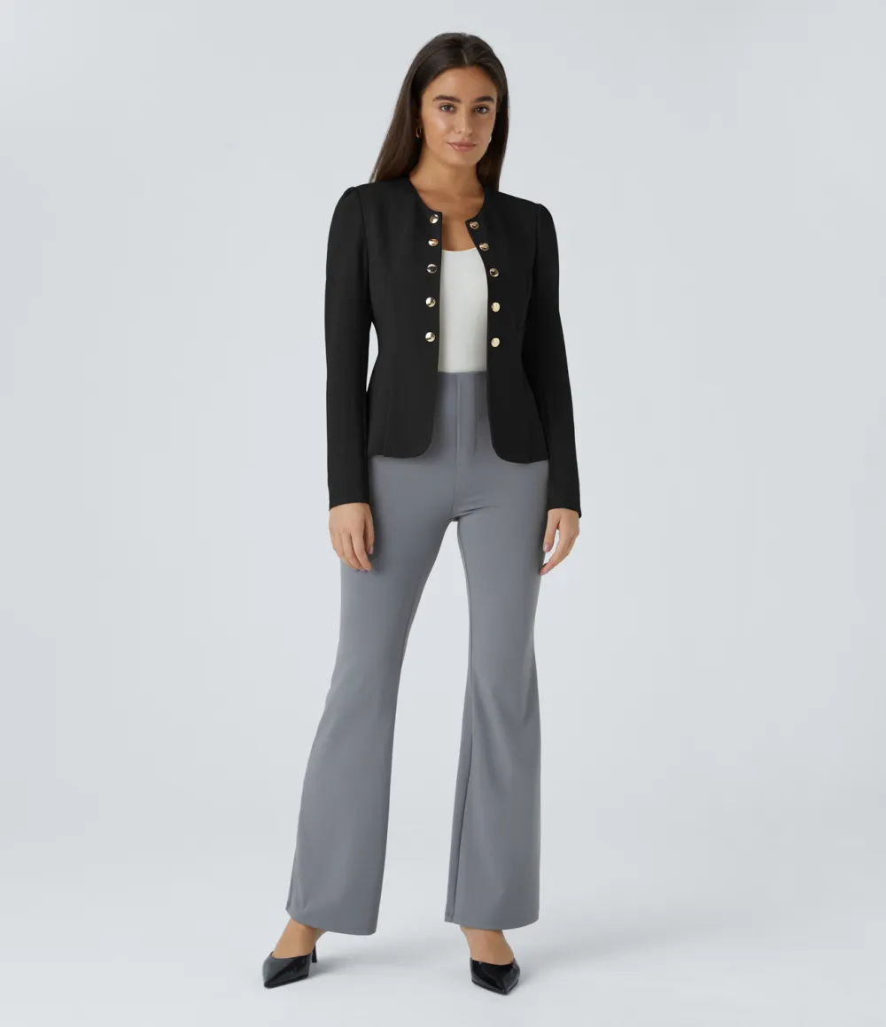 Round Neck Long Sleeve Decorative Buttons Slim Work Jacket