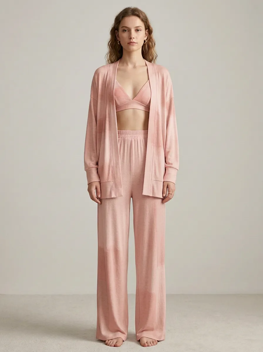 Tie Dye Ribbed Linework Cardigan Lounge Set