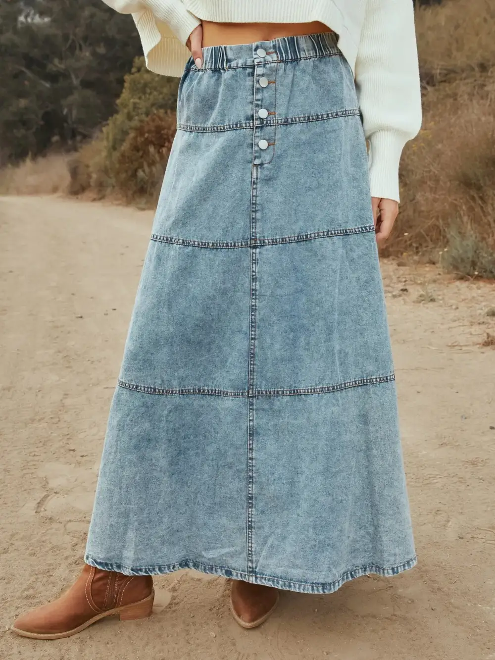 Button-Front Tiered Maxi Skirt