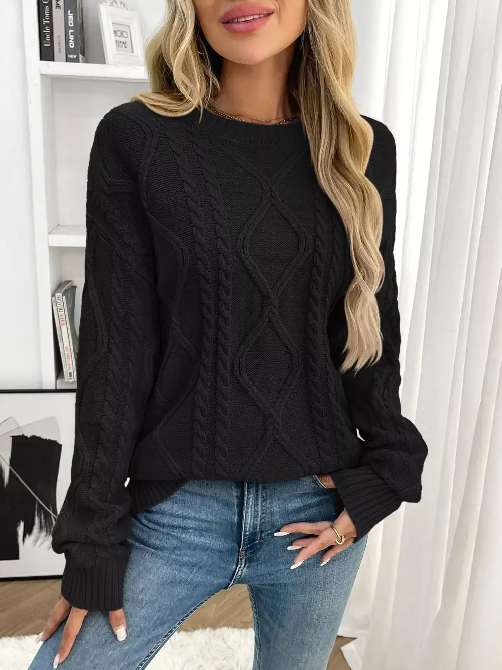 Long Sleeve Round Neck Cable Knit Sweater