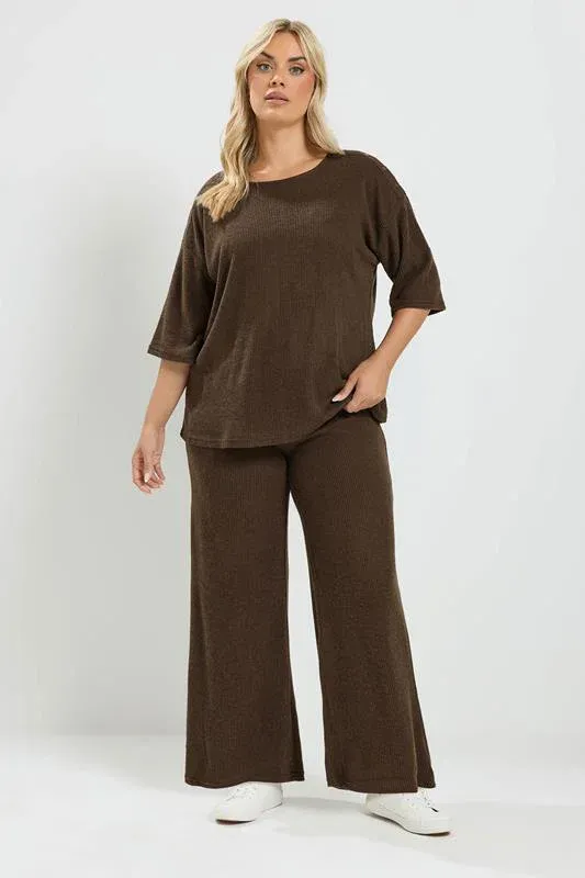 Chocolate Brown Ribbed Wide Leg Trouser Set