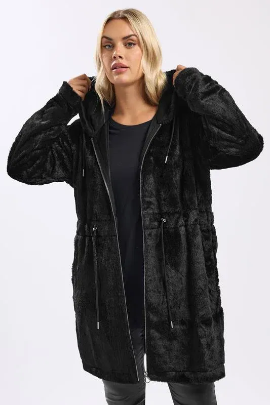 Black Faux Fur Longline Zip Hoodie