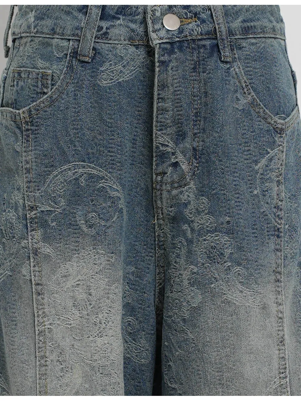 Jacquard Pockets Jeans Wide Leg Denim Pants