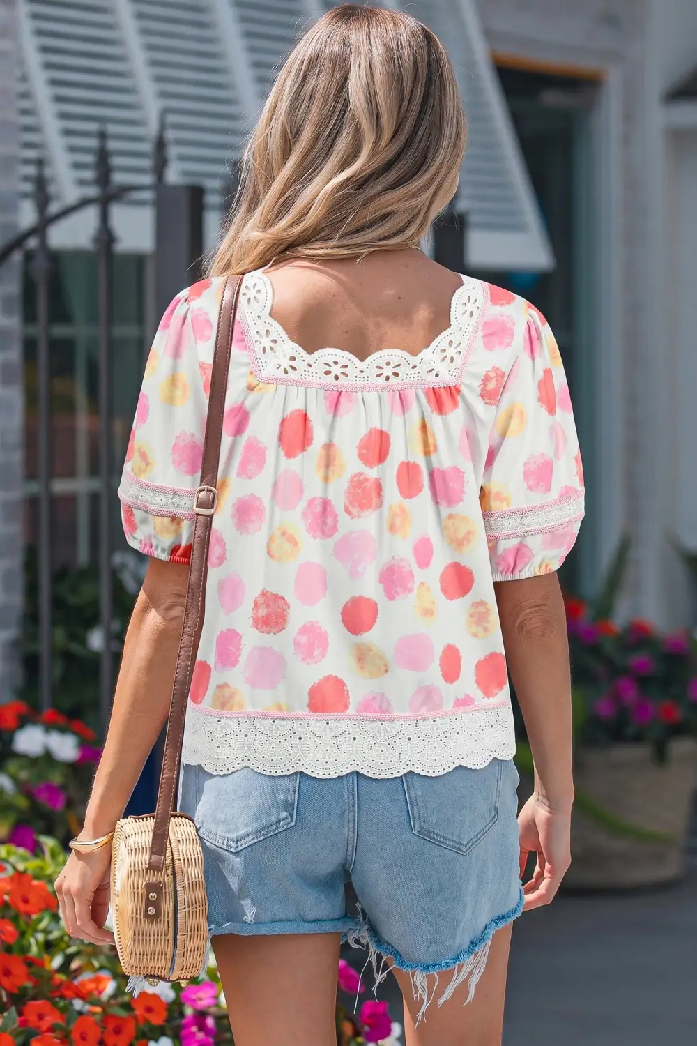 Women's Polka Dot Lace Puff Sleeve Top