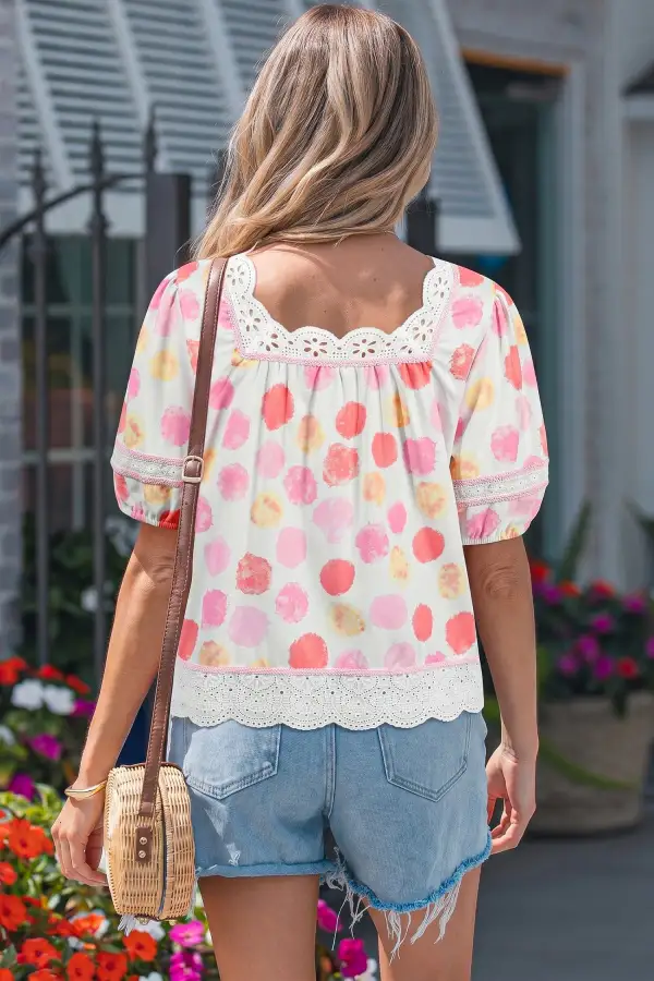 Women's Polka Dot Lace Puff Sleeve Top