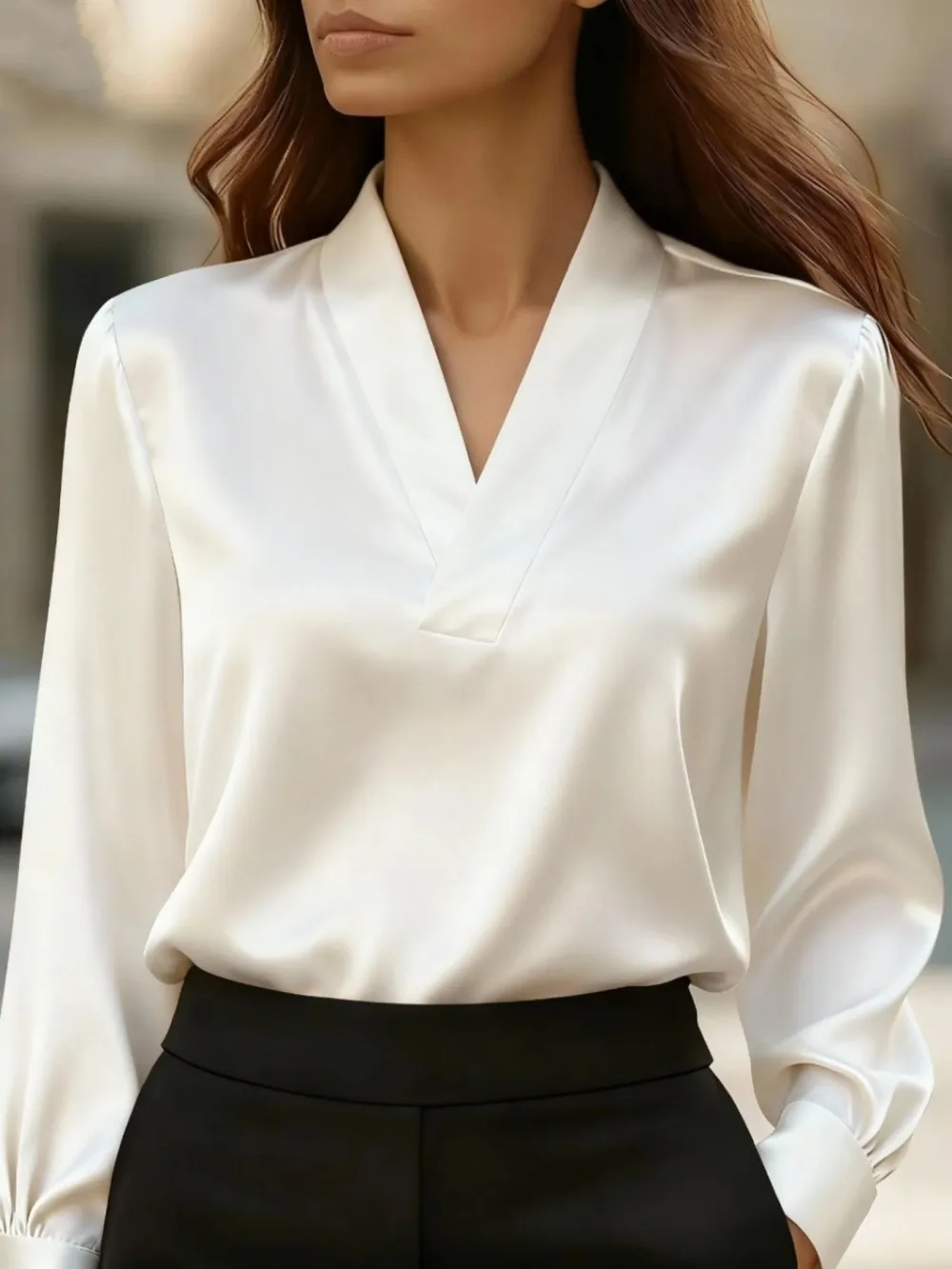 V-Neck Long Sleeve Satin Blouse
