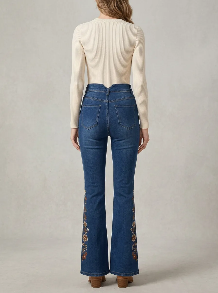 Women's Boho Inspired Floral Embroidered High Rise Flare Jeans
