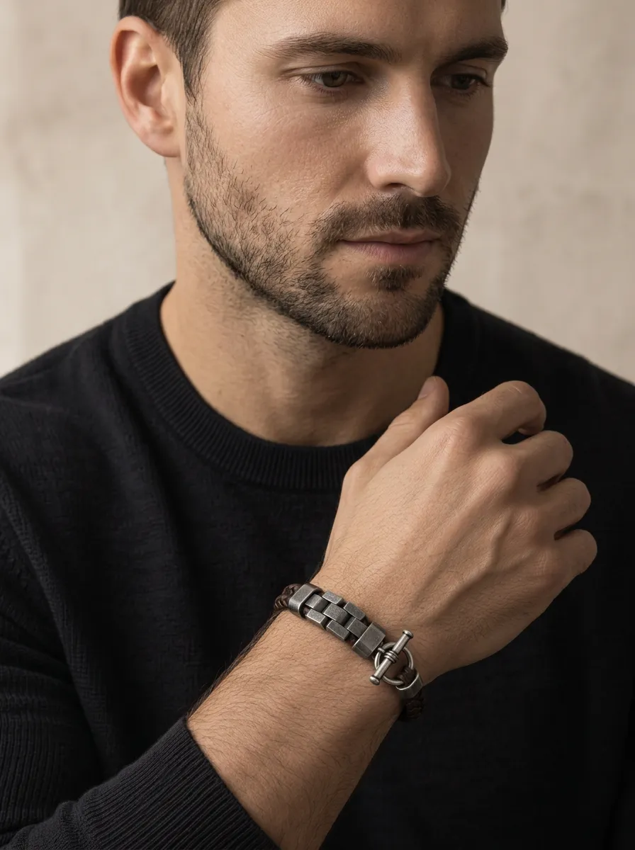Men's Vintage Braided Leather Metal Link Toggle Bracelet