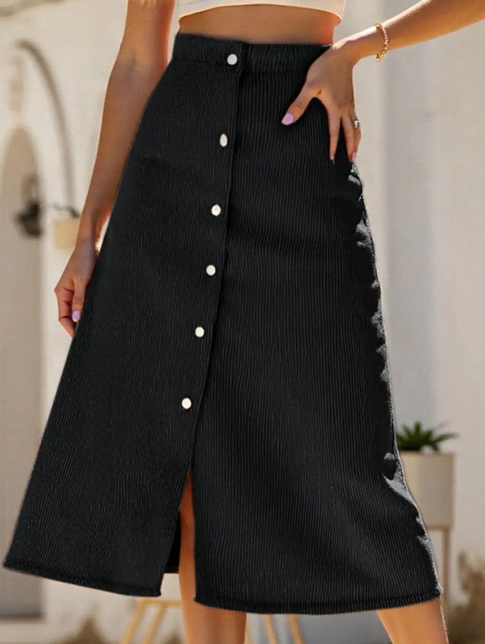 Corduroy Button Front Midi Skirt
