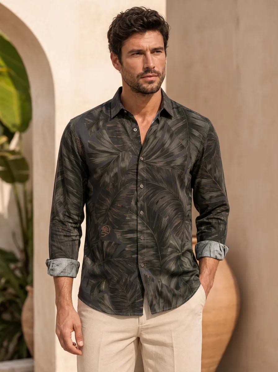 Men's Curved shirttail hem Tropical Print Long-Sleeve Shirt
