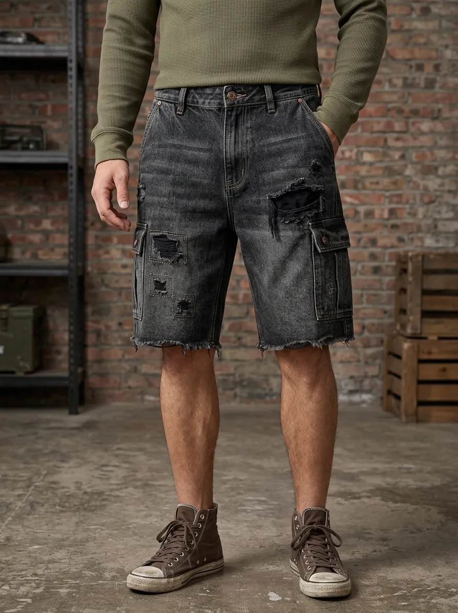 Men's Cargo Denim Shorts Featuring Cargo Pocket