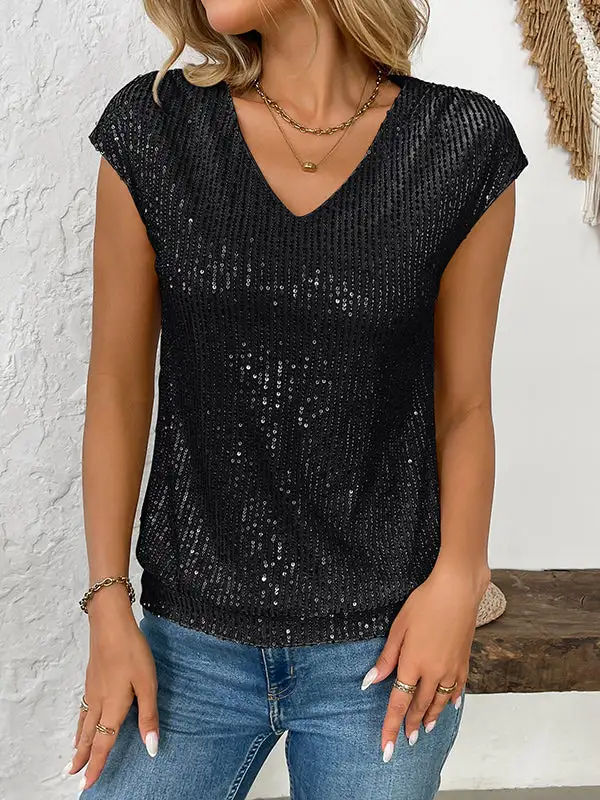 Batwing Sleeve Relaxed Sequined Shiny V-Neck T-Shirt