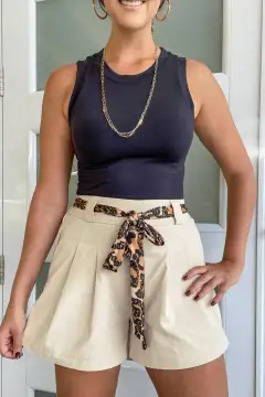 Leopard Contrast Sash Belt Pleated Wide Leg Shorts