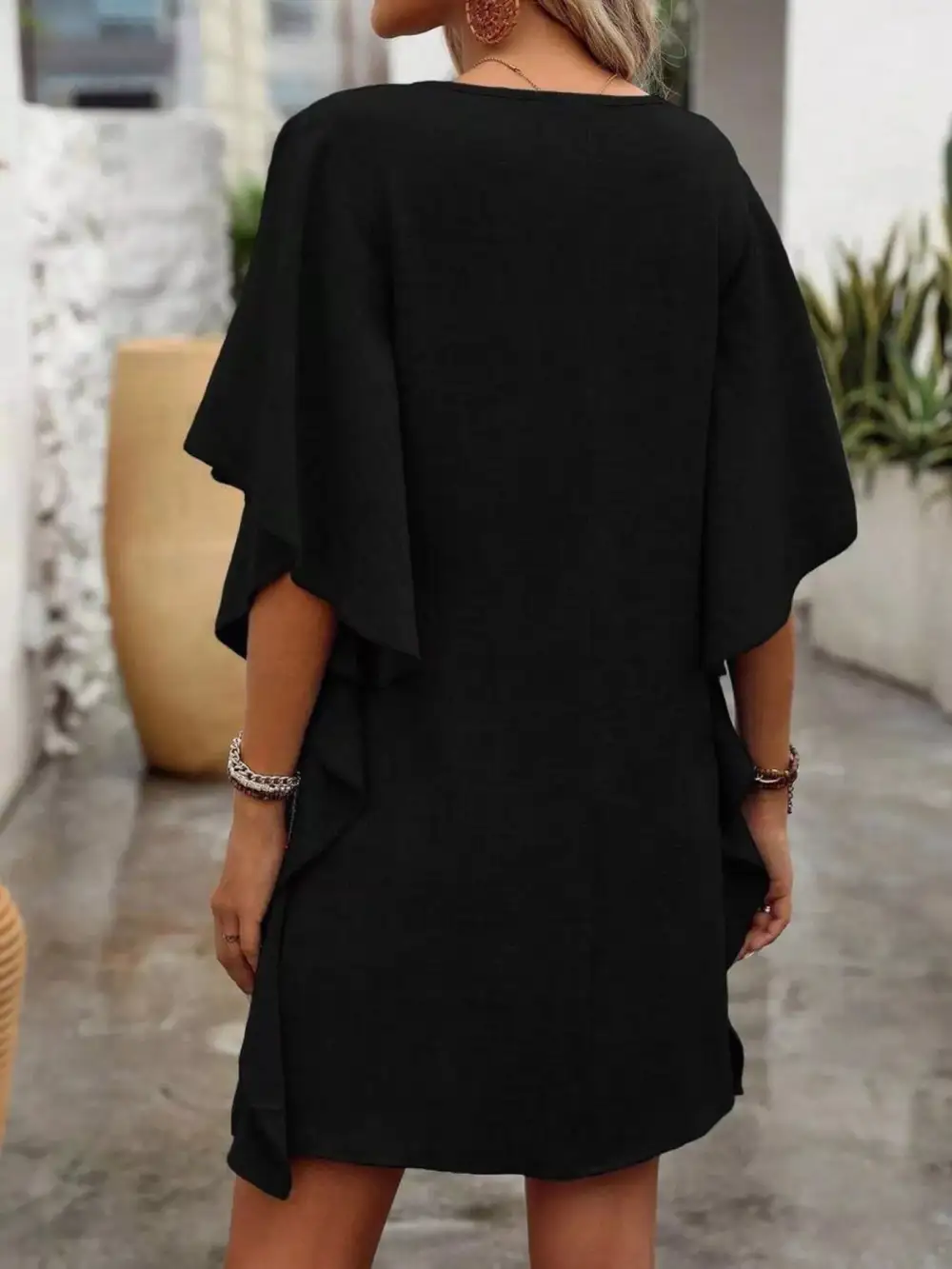 V Neck Ruffle Flutter Sleeve Mini Dress