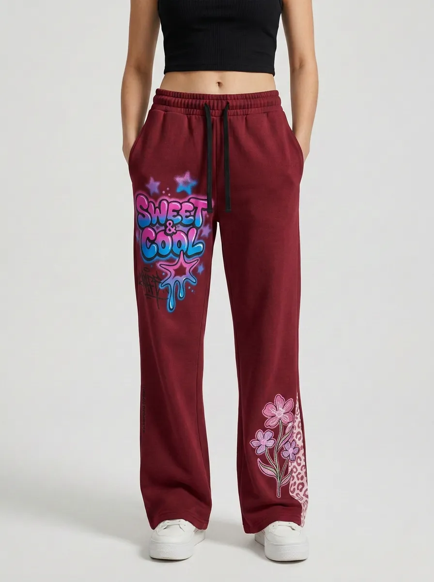 Women's Streetwear Sweet & Cool Graffiti Flower Printed Sweatpants