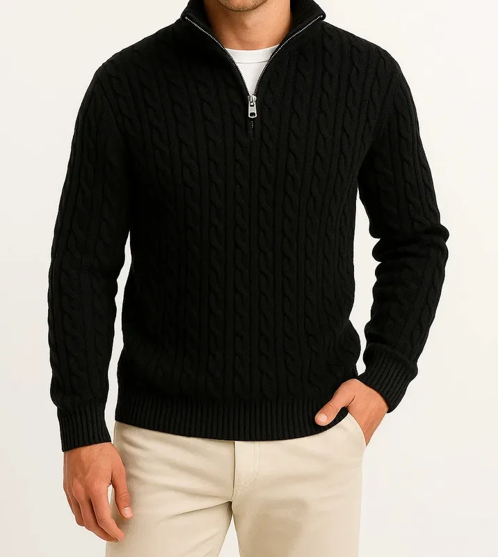 Zip-Neck Cable Knit Sweater