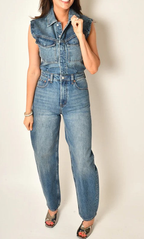 Denim Sleeveless Barrel Leg Jumpsuit
