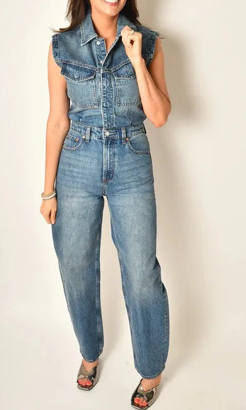 Denim Sleeveless Barrel Leg Jumpsuit