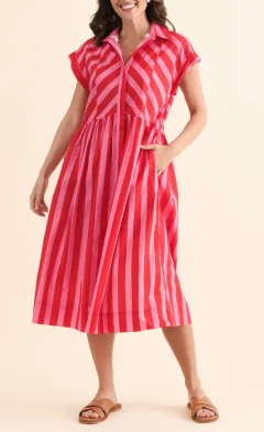 Below-Knee Striped Cotton Pocket Collared Short-Sleeve Straight-Cut Dress