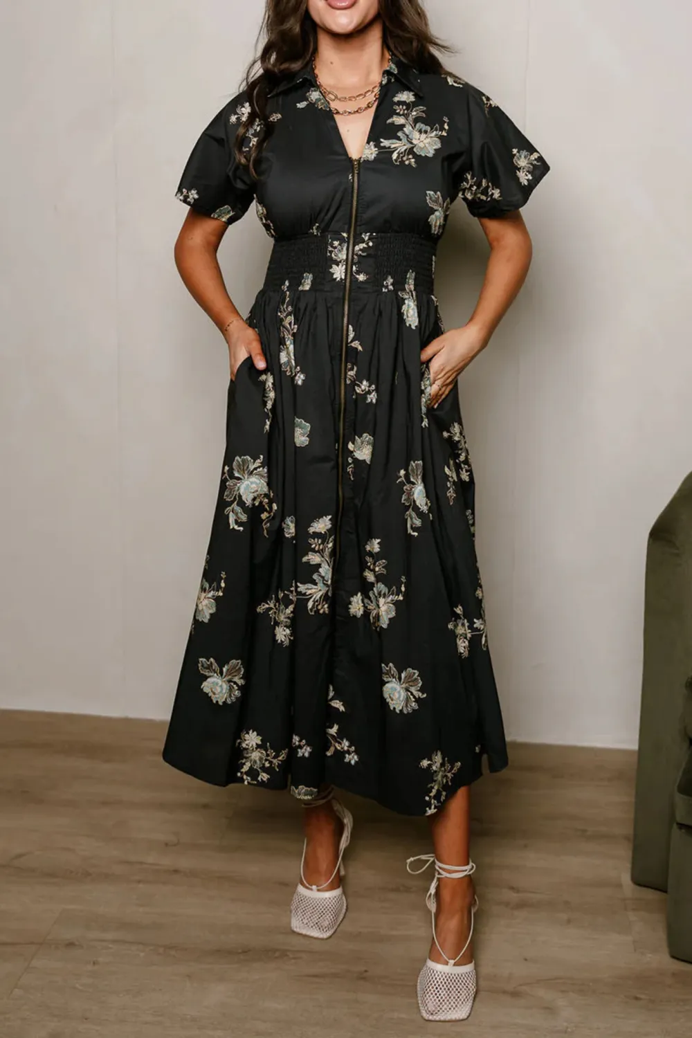 Smocked Zip Up Floral Dress