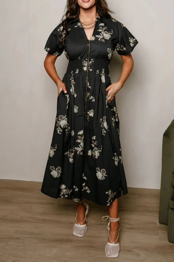 Smocked Zip Up Floral Dress