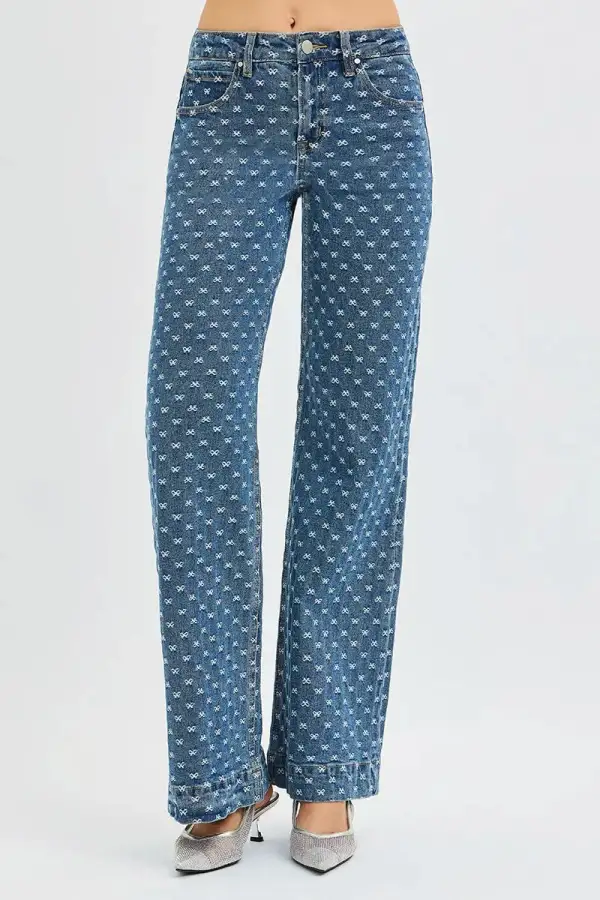 High Waist Wide Leg Embroidered Denim Jeans
