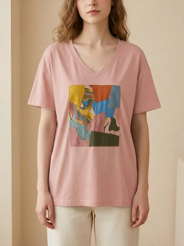 Women's Abstract Patchwork Art Printed V-Neck T-Shirt