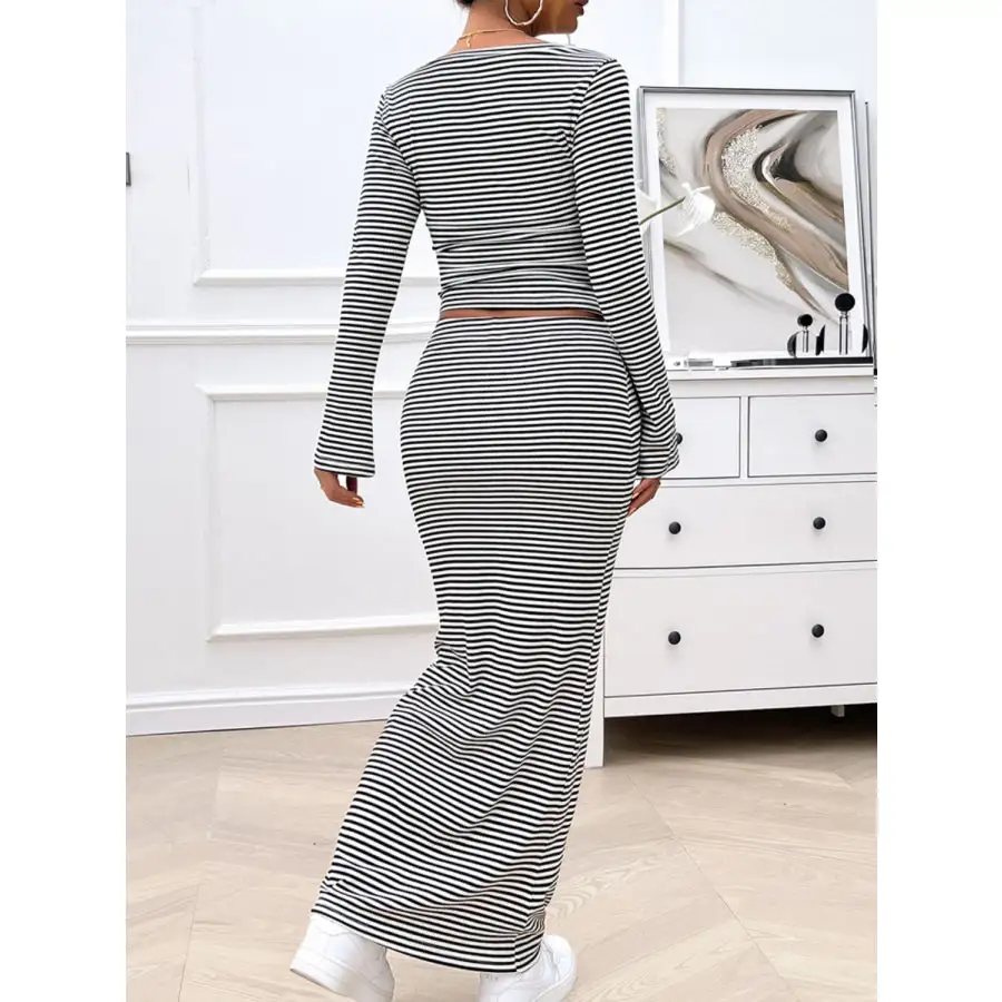 Striped Boat Neck Top and Skirt Set