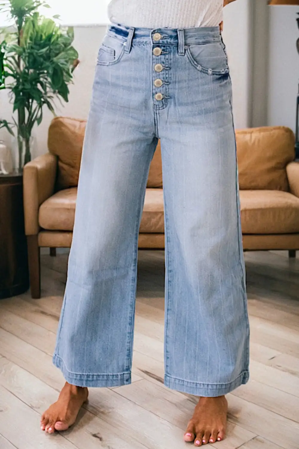 Women's Multi Buttons Pinstripe Wide Leg Jeans