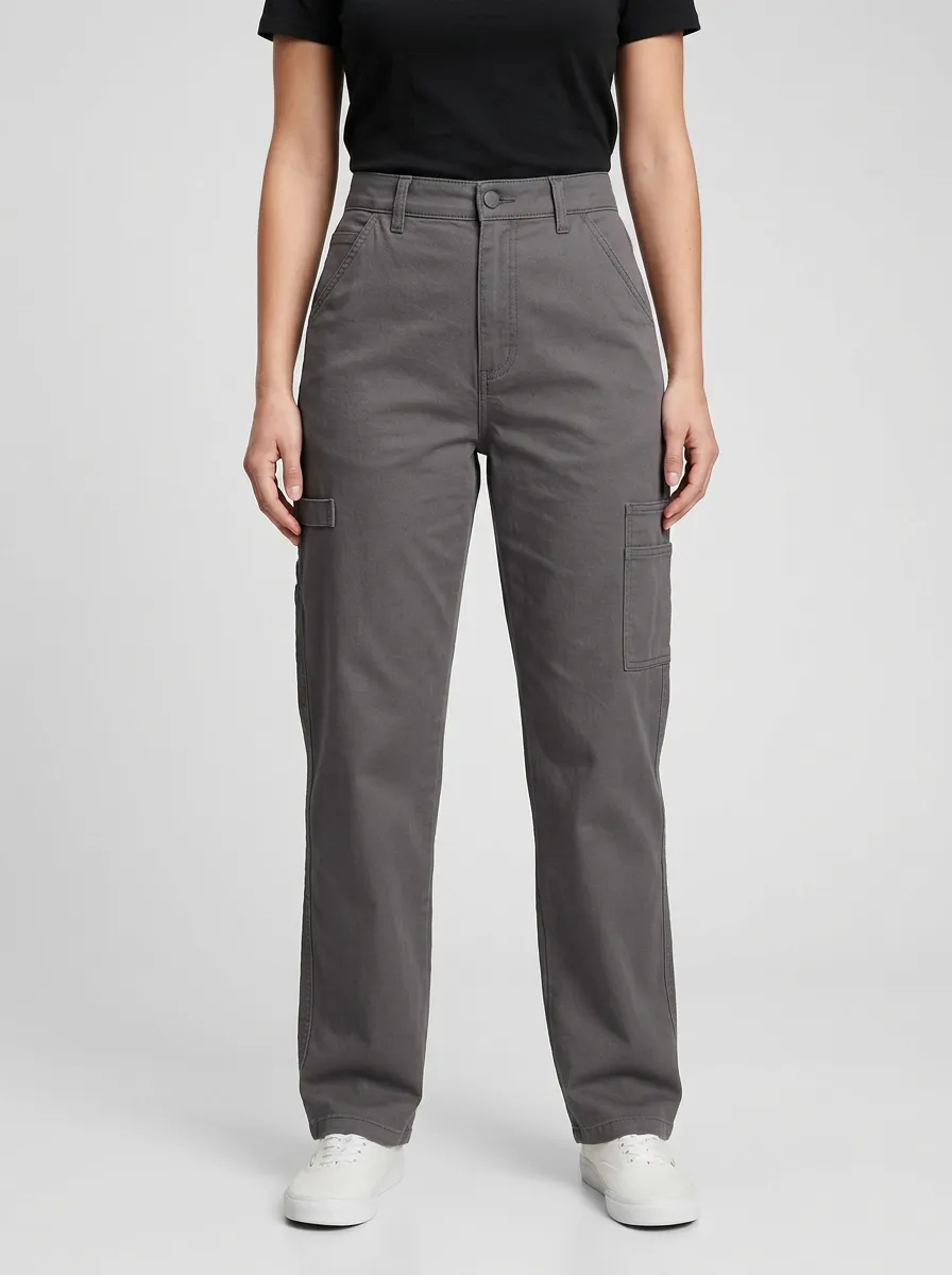 Women's High-Rise Button-Flap Pocket Straight-Leg Cargo Pants