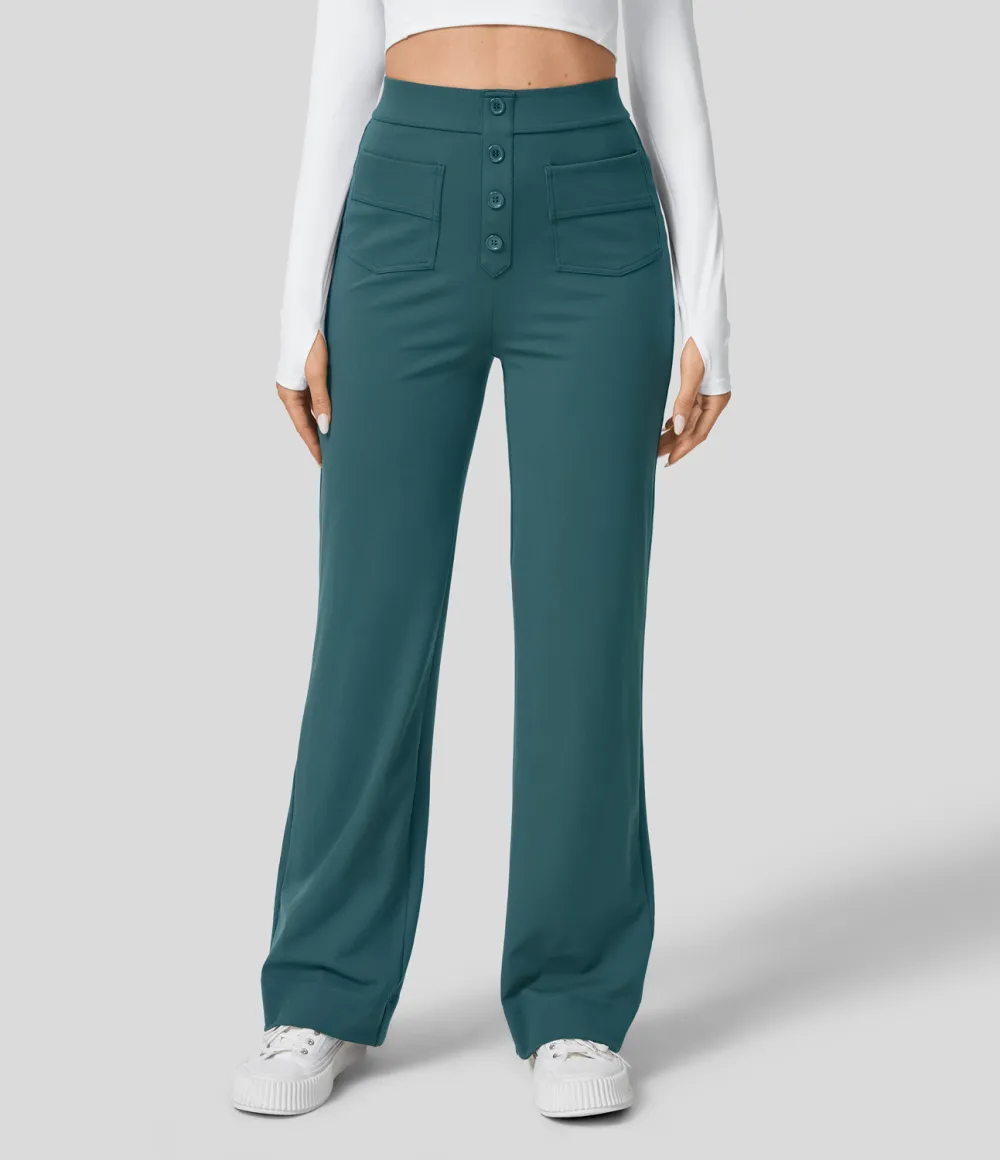 High Waisted Button Multiple Pockets Straight Leg Casual Pants
