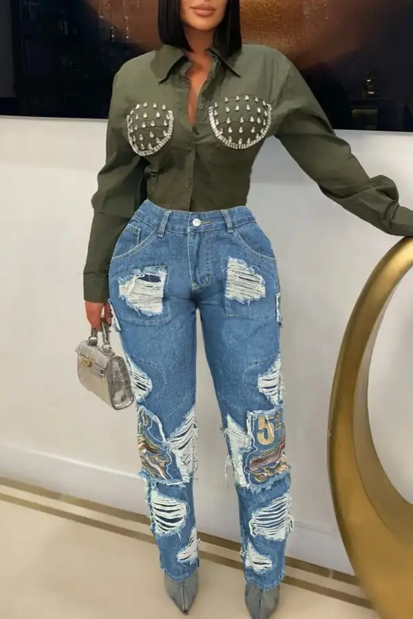 Frayed Ripped Embroidered Applique Straight Leg Jeans
