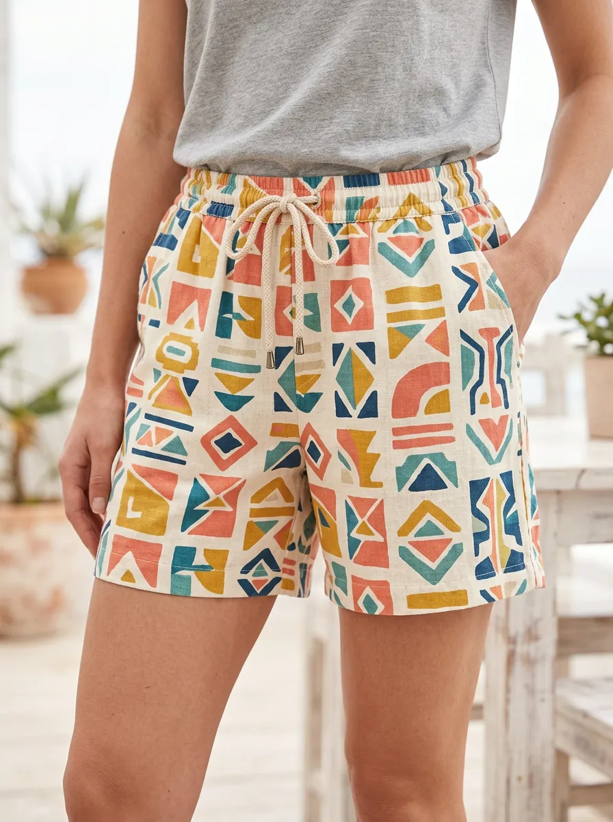 Women's Boho Geometric Pattern Metal Aglet Printed Shorts
