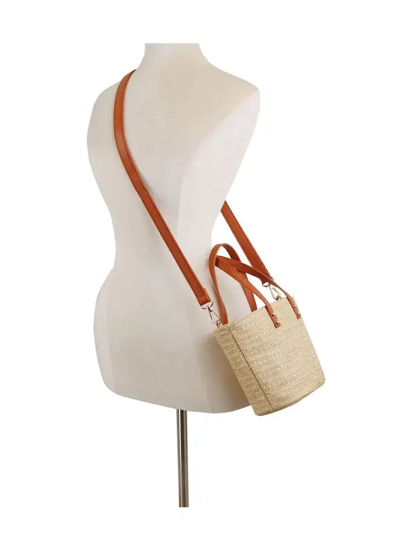 Drawstring Straw Leather Handles Tote Bag