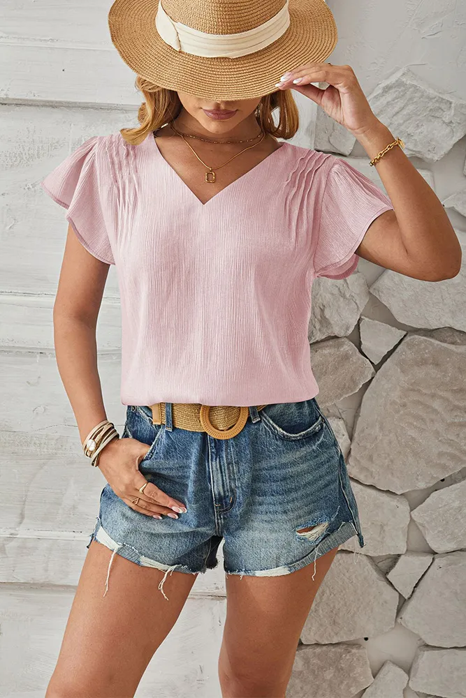 Texture V Neck Flare Sleeves Blouse