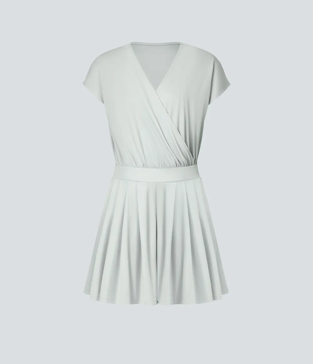 V Neck Short Sleeve Pocket Waffle Casual Romper
