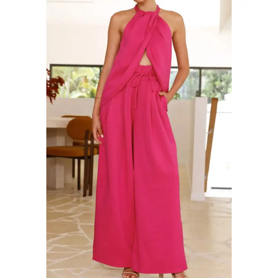 Halter Neck Top and Wide Leg Pants Set