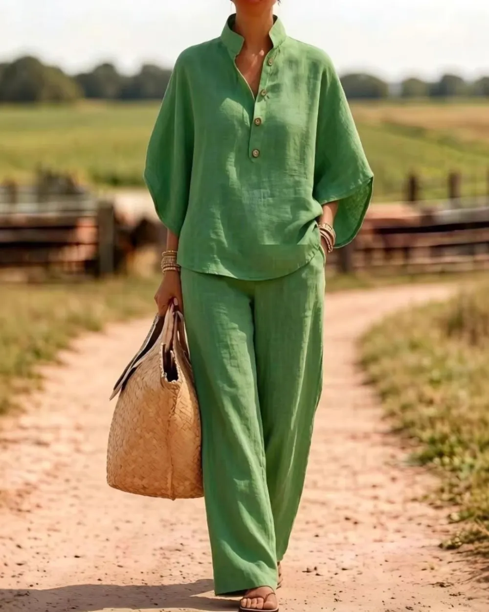 Batwing Sleeve Two-Piece Set Wide Leg Pants Coastal Chic Outfit