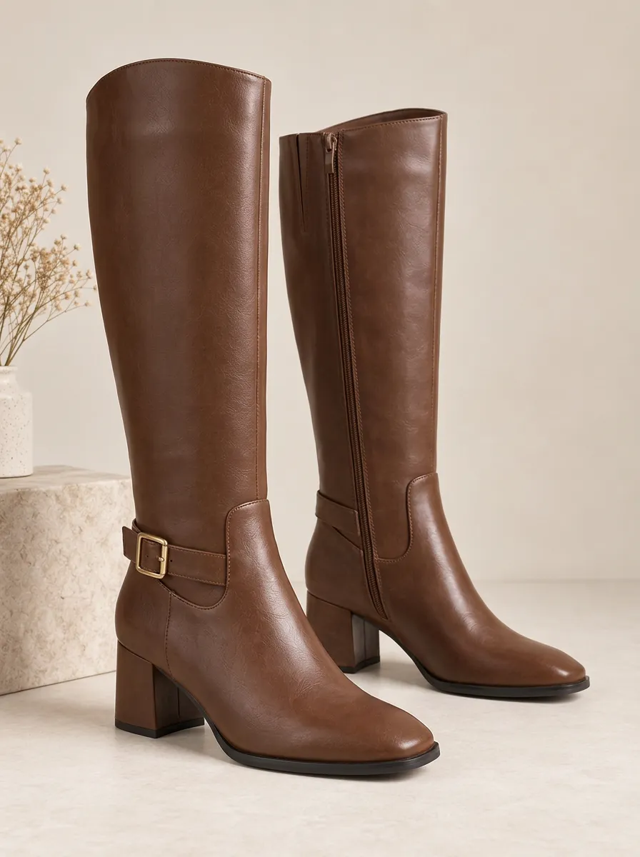 Women's Rugged Knee High Boots Buckle Strap Faux Leather