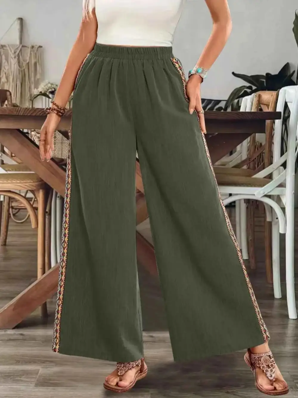 Bohemian Wide-Leg Embroidered Side Stripe Pants