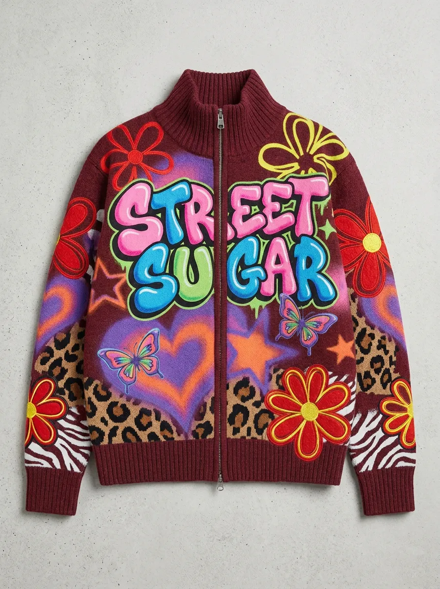Men's Street Sugar Graffiti Butterfly Leopard Printed Zip-up Jacket